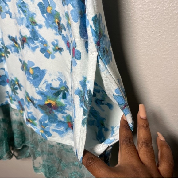 LOGO Lounge Women Tank Top 2X Blue Floral Art Sheer Mesh Lace Trim Stretch Green - Picture 6 of 12